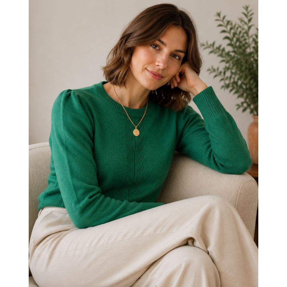 Vintage Vanderbilt Emerald Green Pointelle Sweater Small Puff Sleeve Knit Size S
